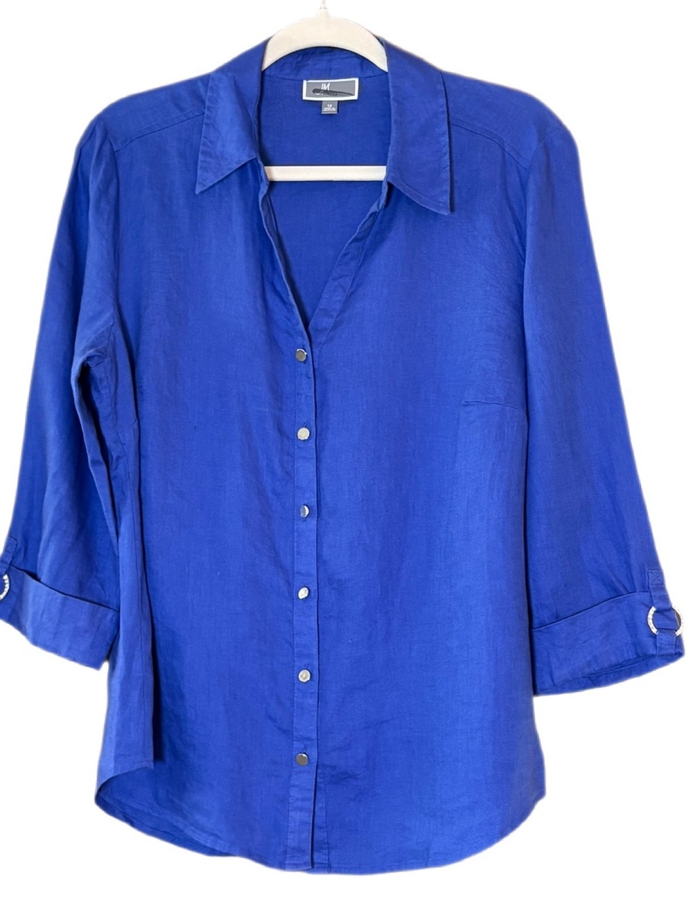 JM Collection 100% Linen Roll-Tab Button Shirt Size 12 Blue